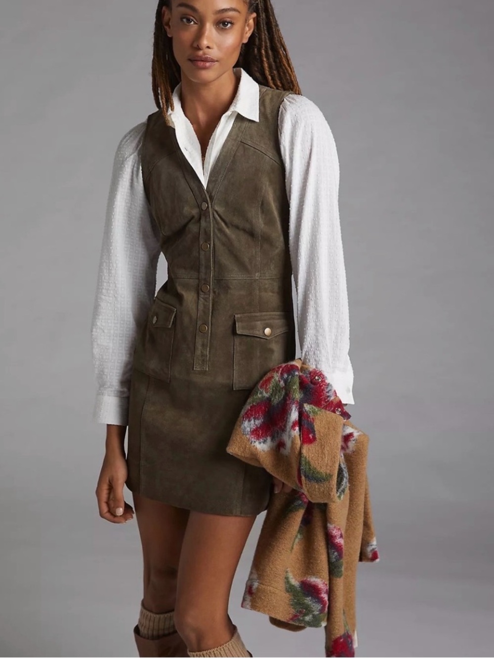 Pilcro Anthropologie Olive Green 100% Suede Leather Sleeveless Mini Dress Size 8